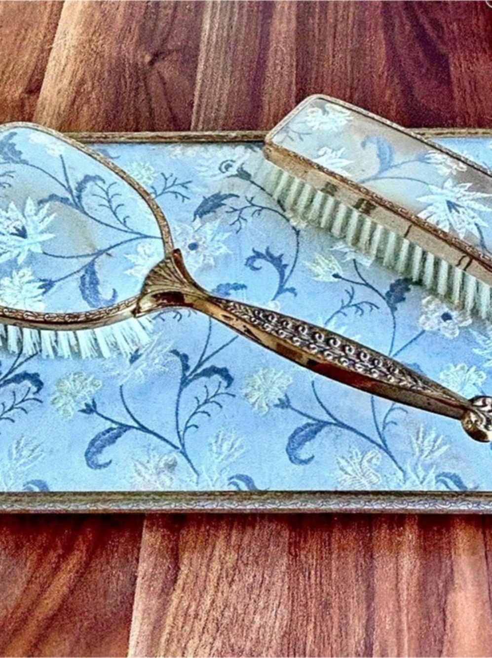 Vintage Mid Century 3pc Vanity Set Hairbrush Clothes Brush Tray Blue Floral Gold